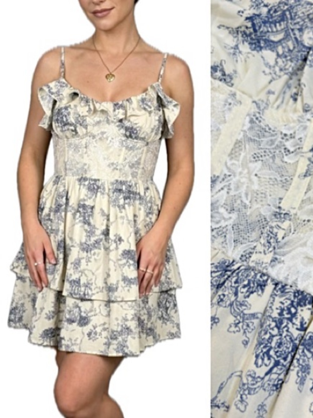 NWT SHEIN MOD Toile Print Lace Bustier Ruffle Corset Dress Size Small Cottage